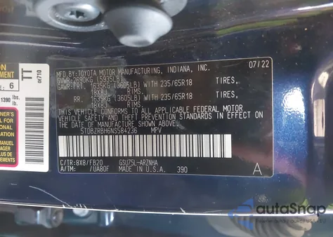 2022 Toyota Highlander Le from USA, damaged, VIN 5TDBZRBH6NS584236